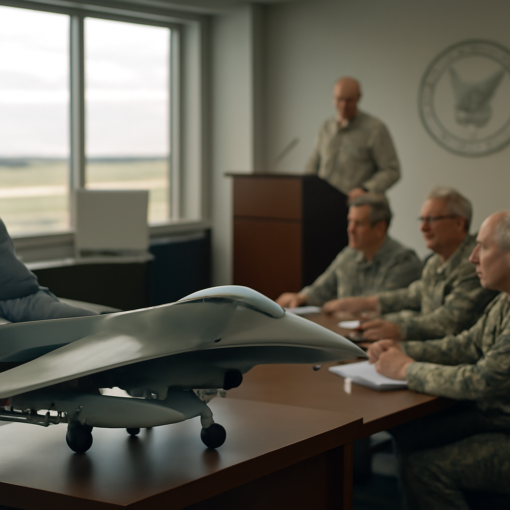 Senior officers in a briefing room with a model of an F-16 fighter jet on a table.