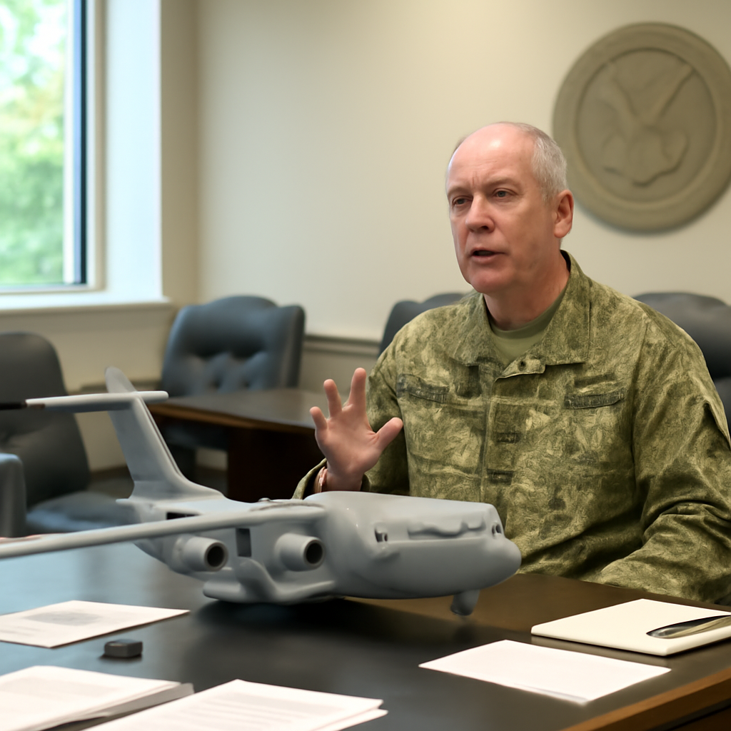 US Air Force briefing room with model of large military transport aircraft on table.