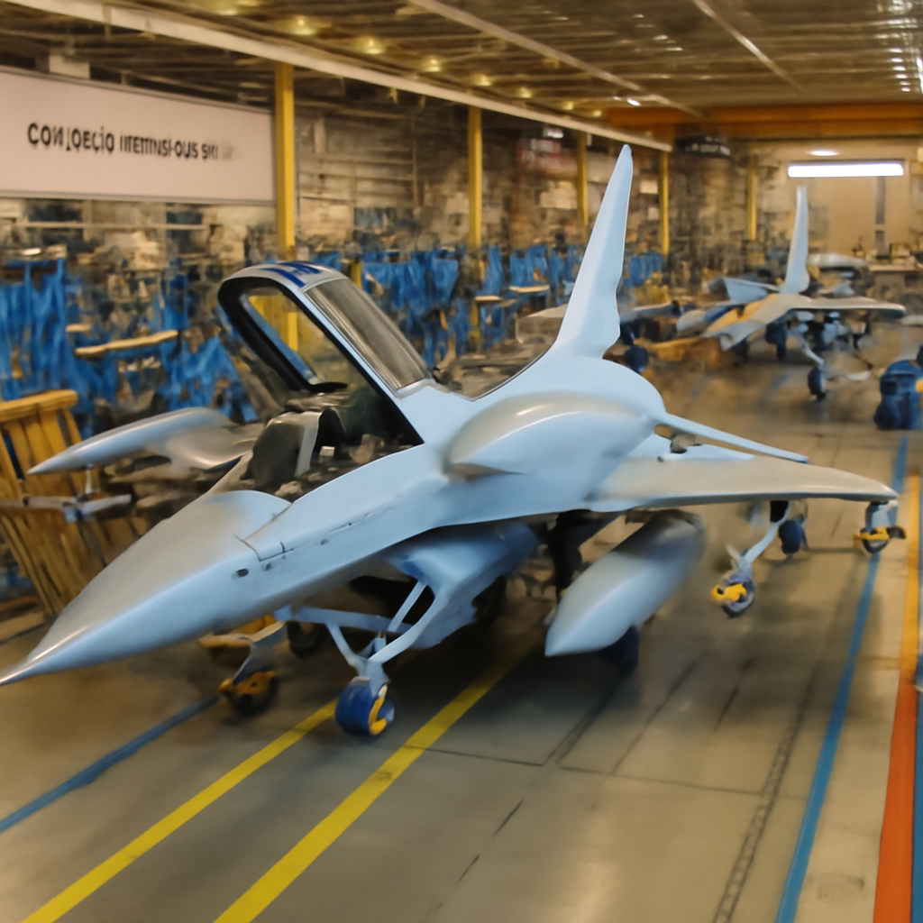 F-16 fighter jets in various assembly stages on a factory production line.