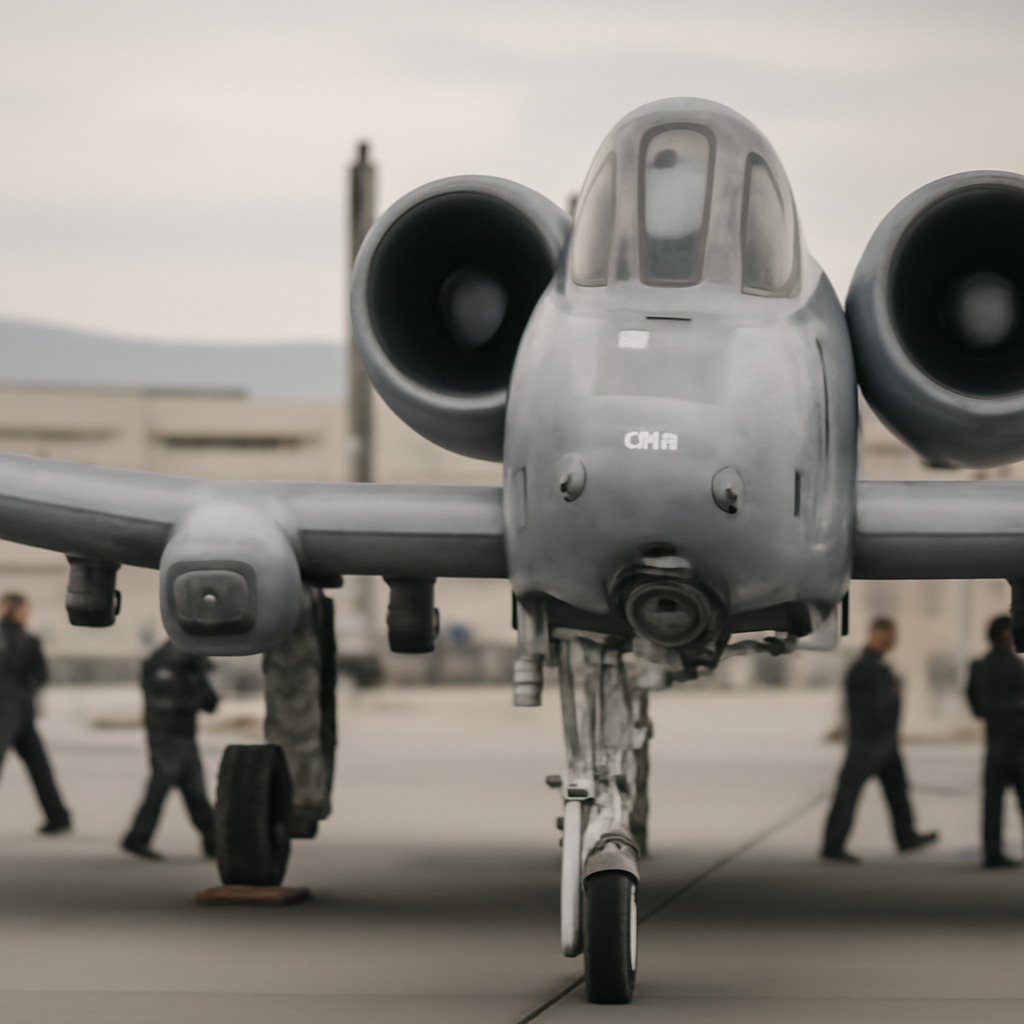 Close-up of A-10 Warthog on ground at Nellis Air Force Base with maintainers in background.