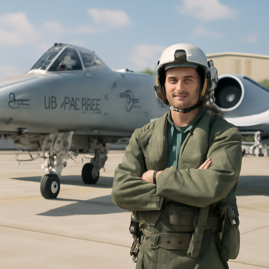 US Air Force instructor stands in front of A-10 Warthog aircraft on tarmac.