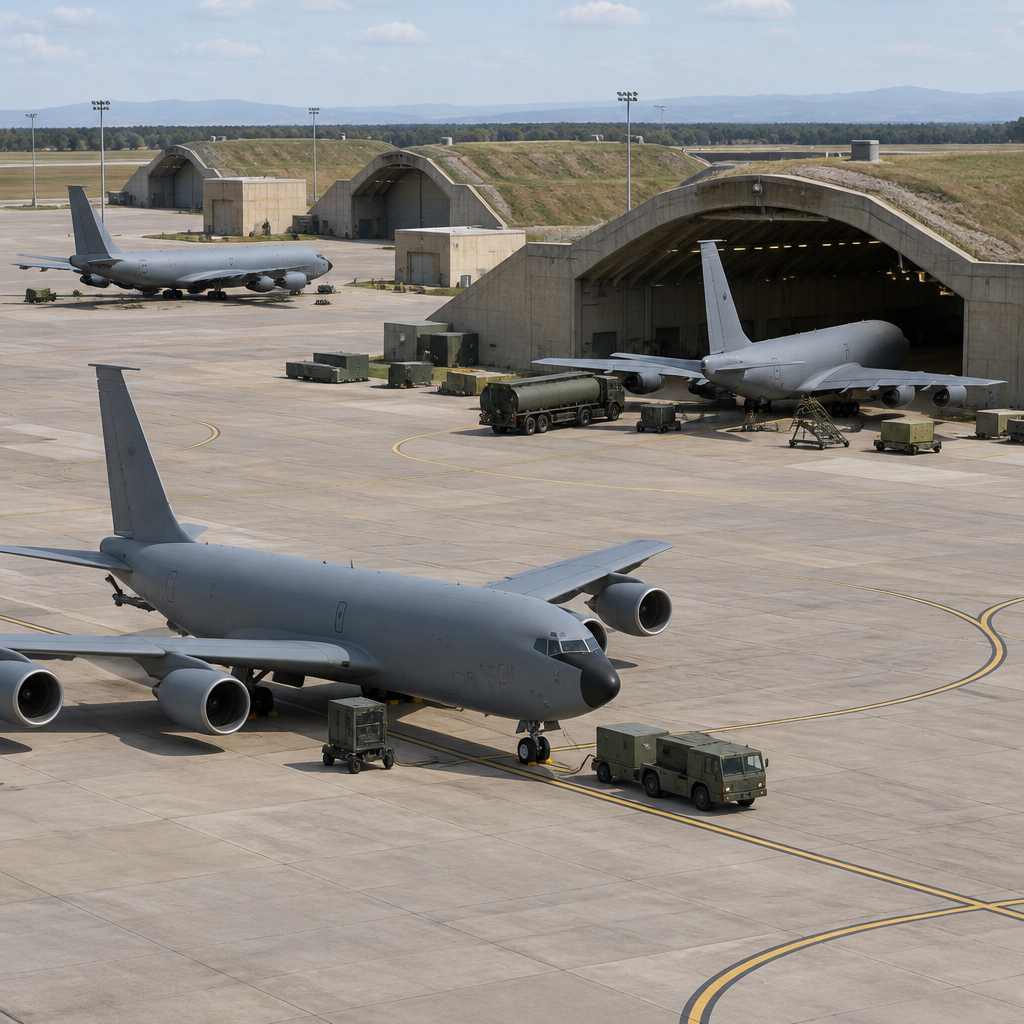 US military tankers parked on tarmac near hardened shelters.