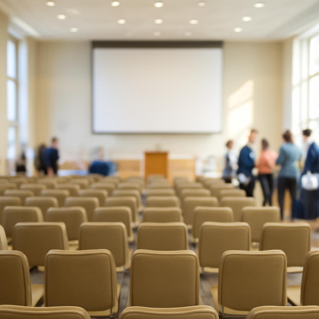 Conference hall with rows of chairs, podium, and blank screen on the wall.