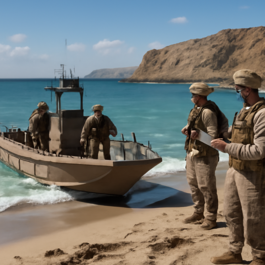 US Marines operate a small boat on a beachside coastline with personnel consulting a map on shore.