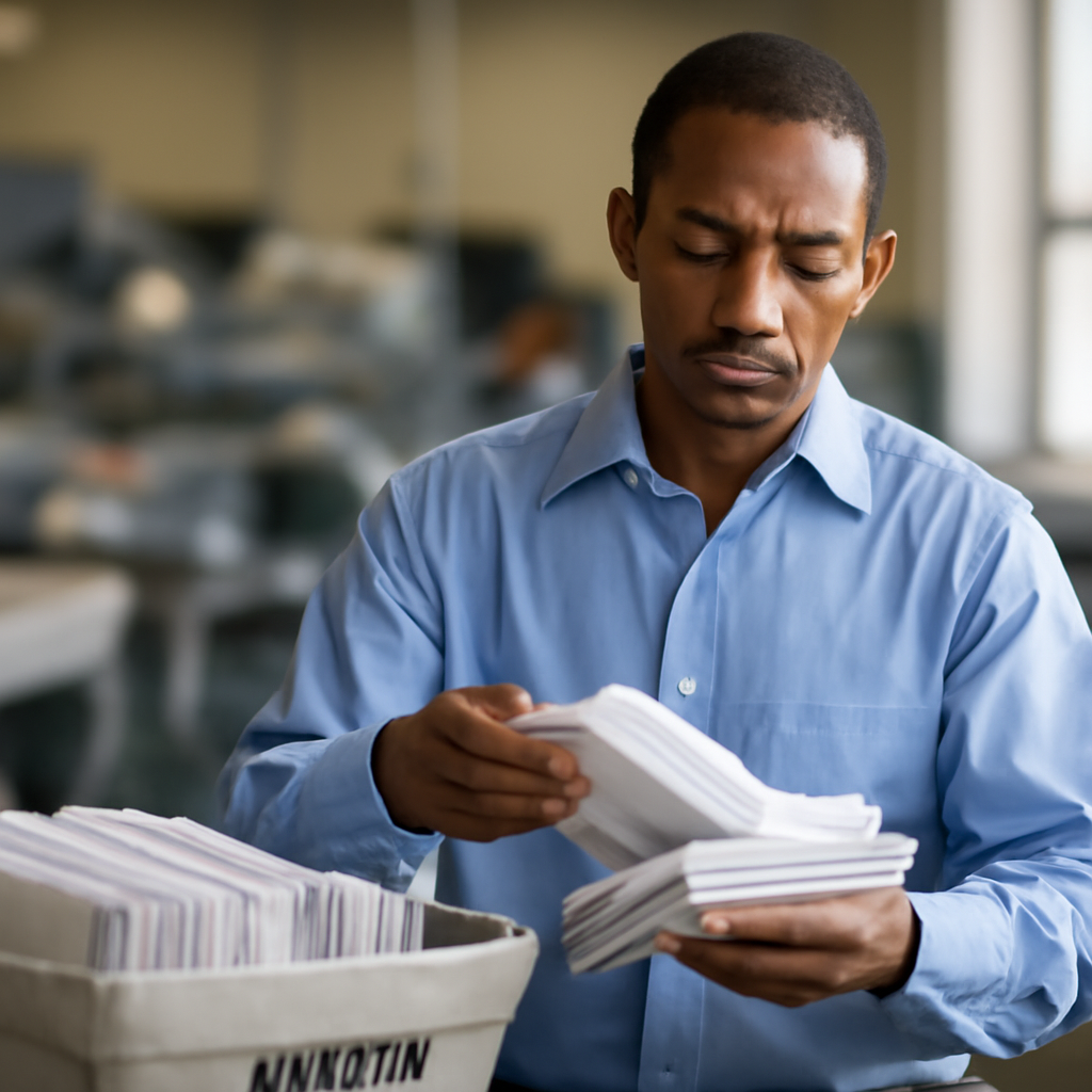 Postal worker sorting mail at a USPS facility under bright daylight.
