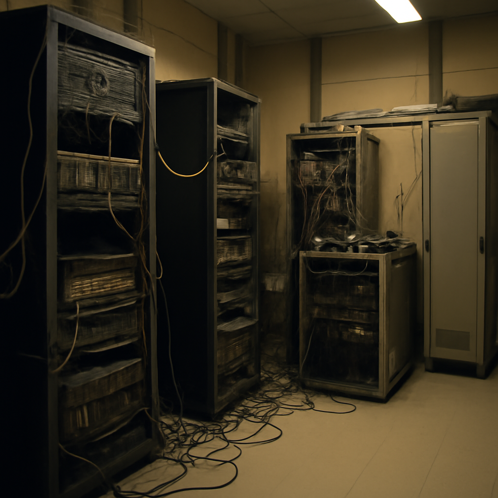 Rows of network equipment and computer servers in a dimly lit, cluttered server room with blinking lights.