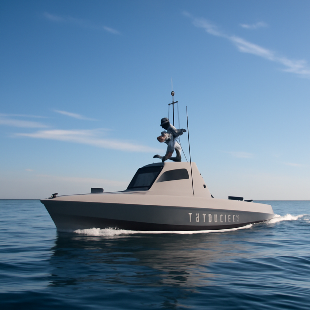 US Navy uncrewed surface vessel underway on calm waters with clear blue sky.