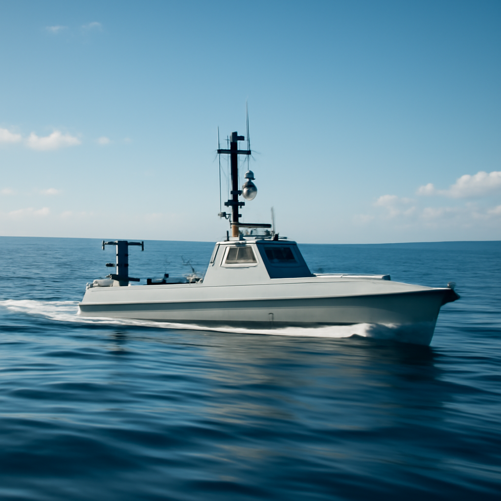 Sleek uncrewed surface vessel operates in calm coastal waters.