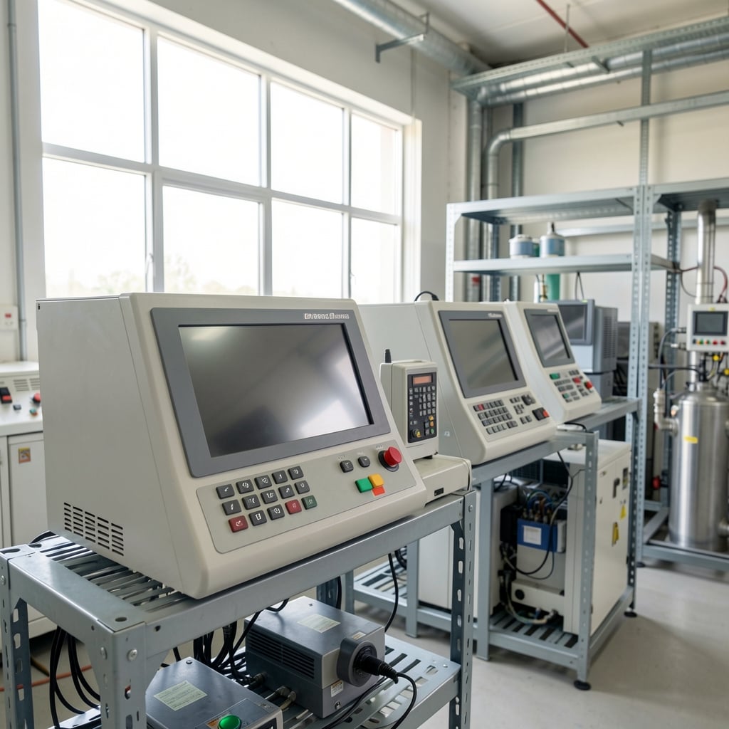 Industrial control room with equipment and modem in foreground, natural light through large window.