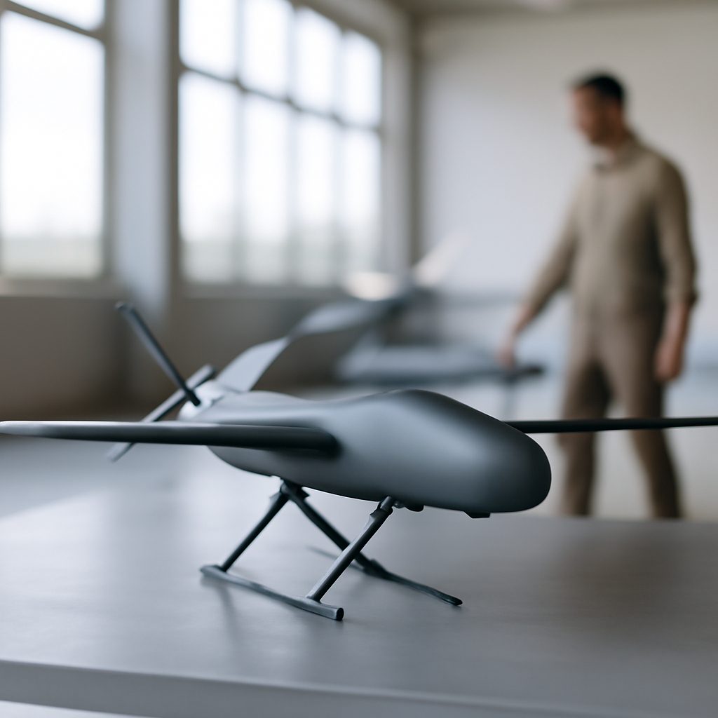 Modern unmanned aerial vehicle on a clean surface in a well-lit room.