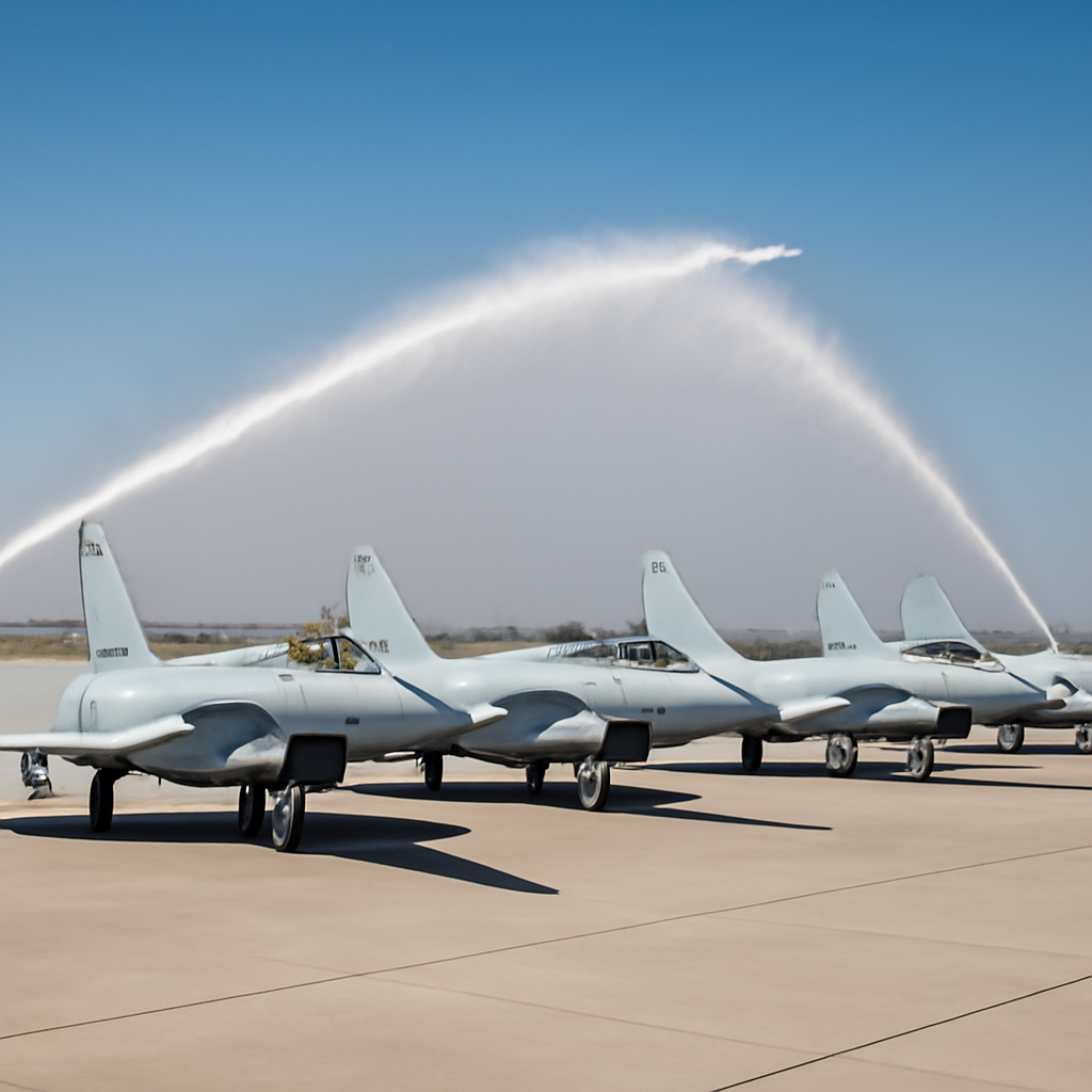 Multiple J-10CE fighter jets parked on tarmac with water-cannon salute in background.
