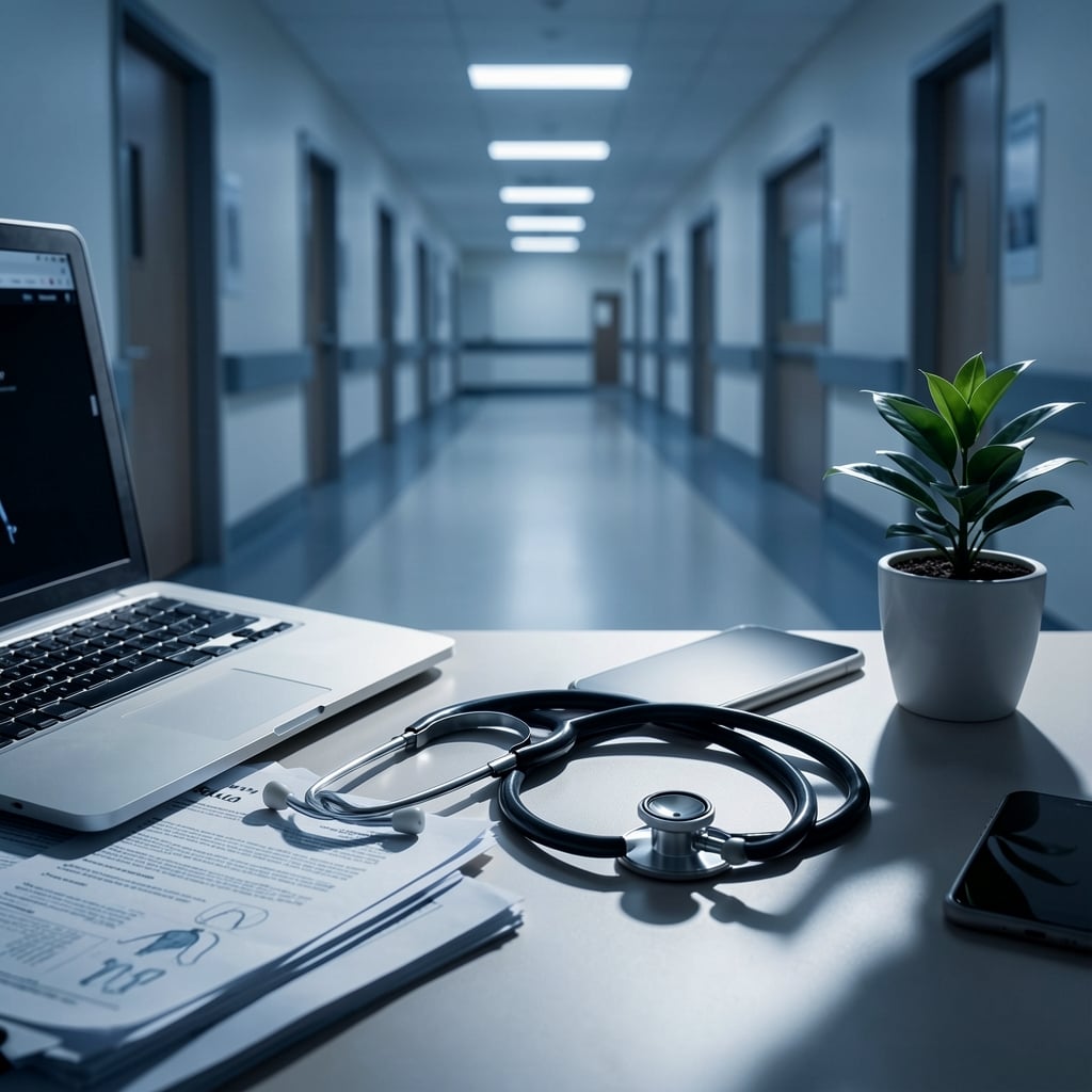 Medical equipment and files on a desk in a hospital setting with a blurred hallway background.