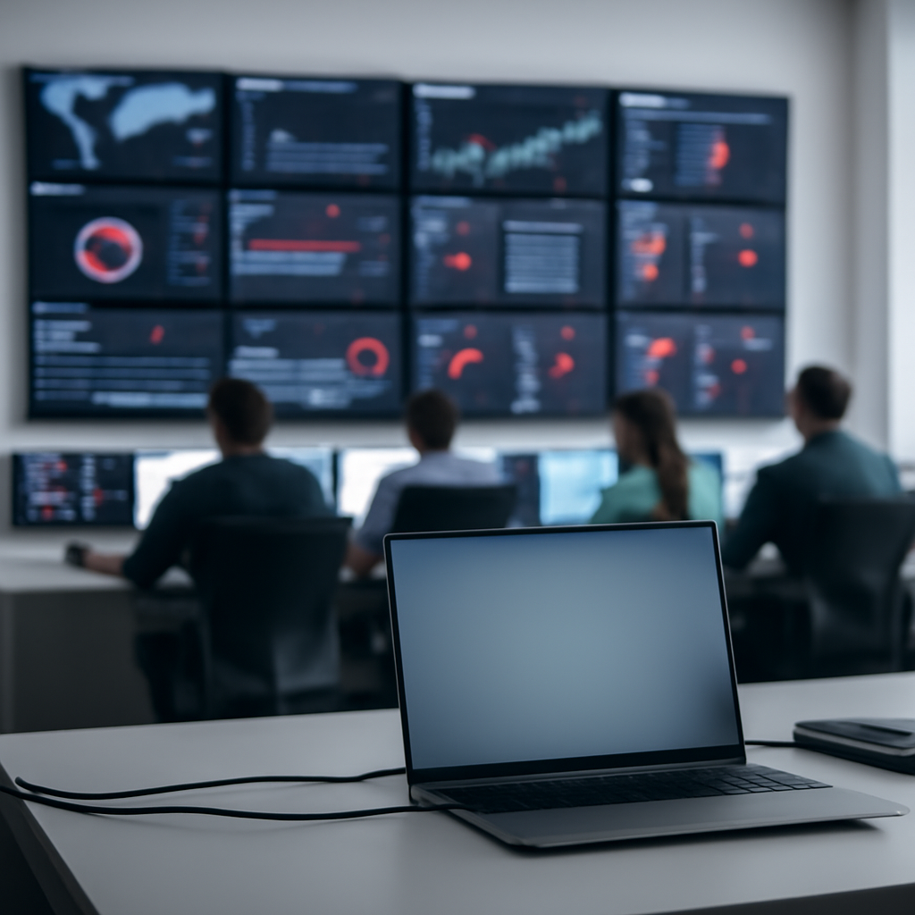 Security operations center monitor wall with multiple screens displaying metrics and alerts, analysts in background.