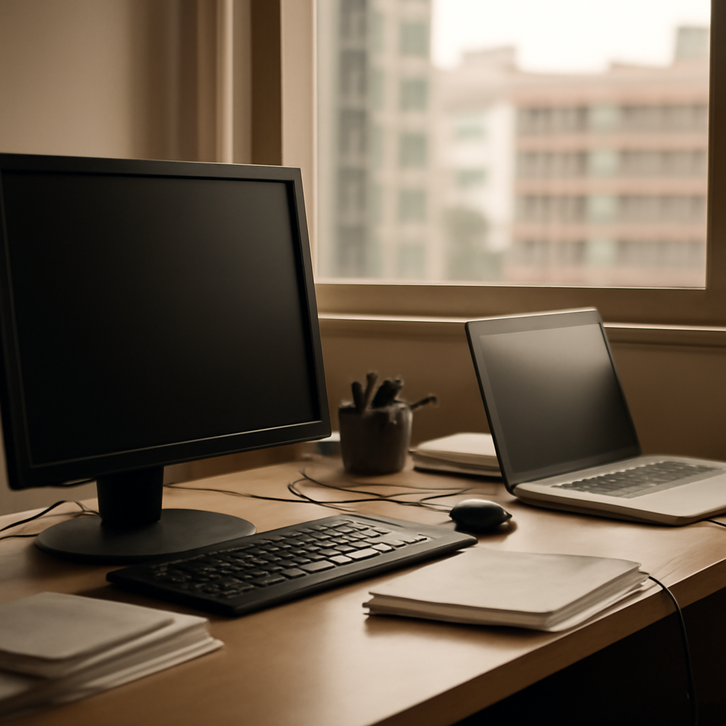 A typical urban office setting with a blank laptop screen in the foreground.