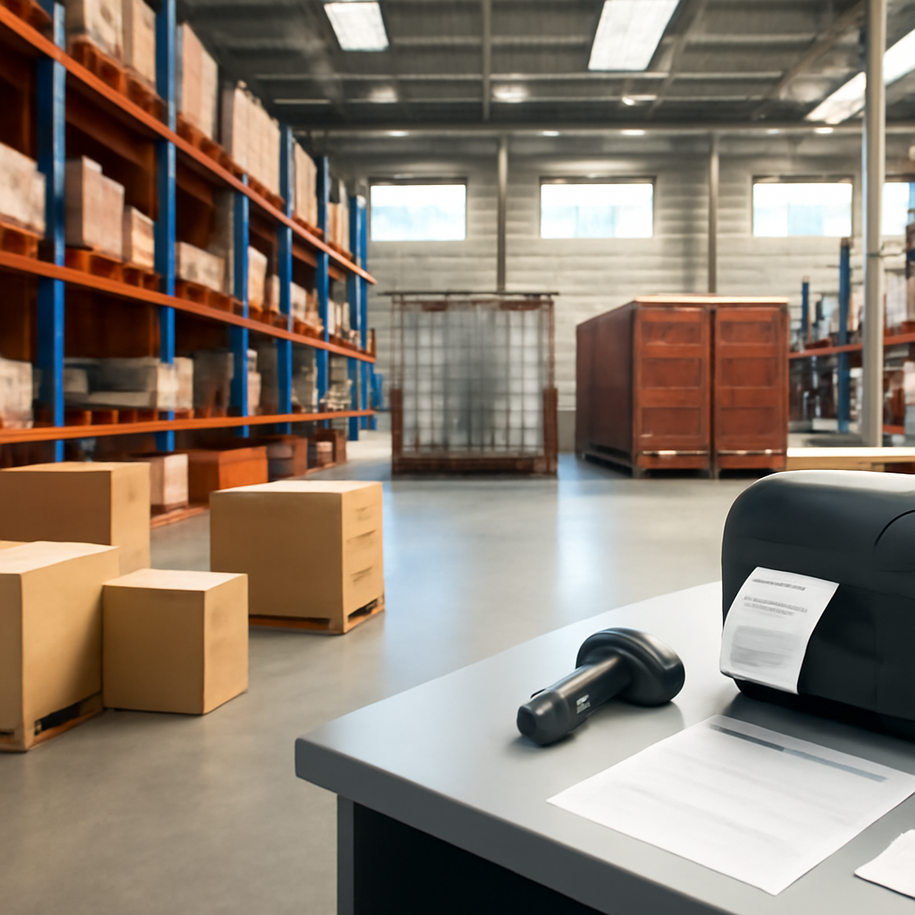Rows of shelving and shipping containers in a brightly-lit logistics warehouse with crates and a shipping label printer on…