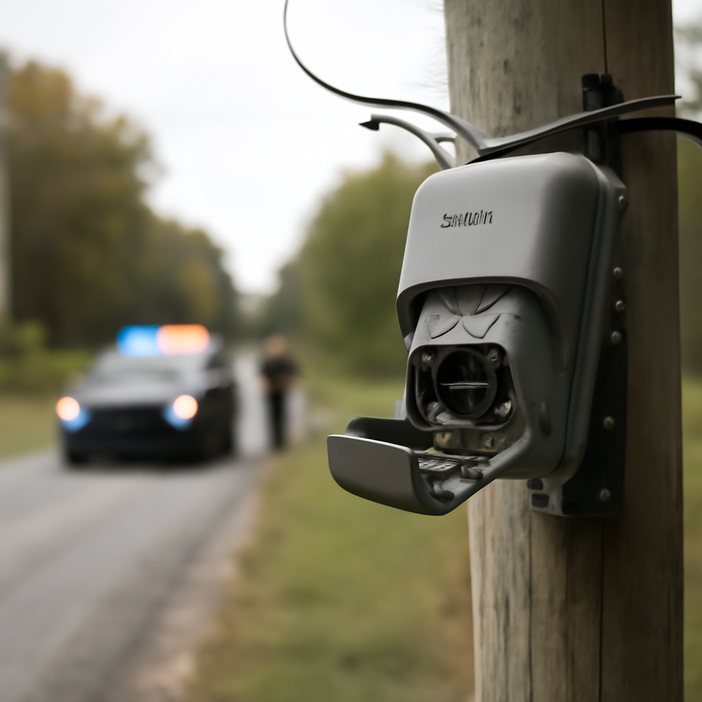 Flock license plate reader on utility pole shows signs of tampering, with police vehicle in background.