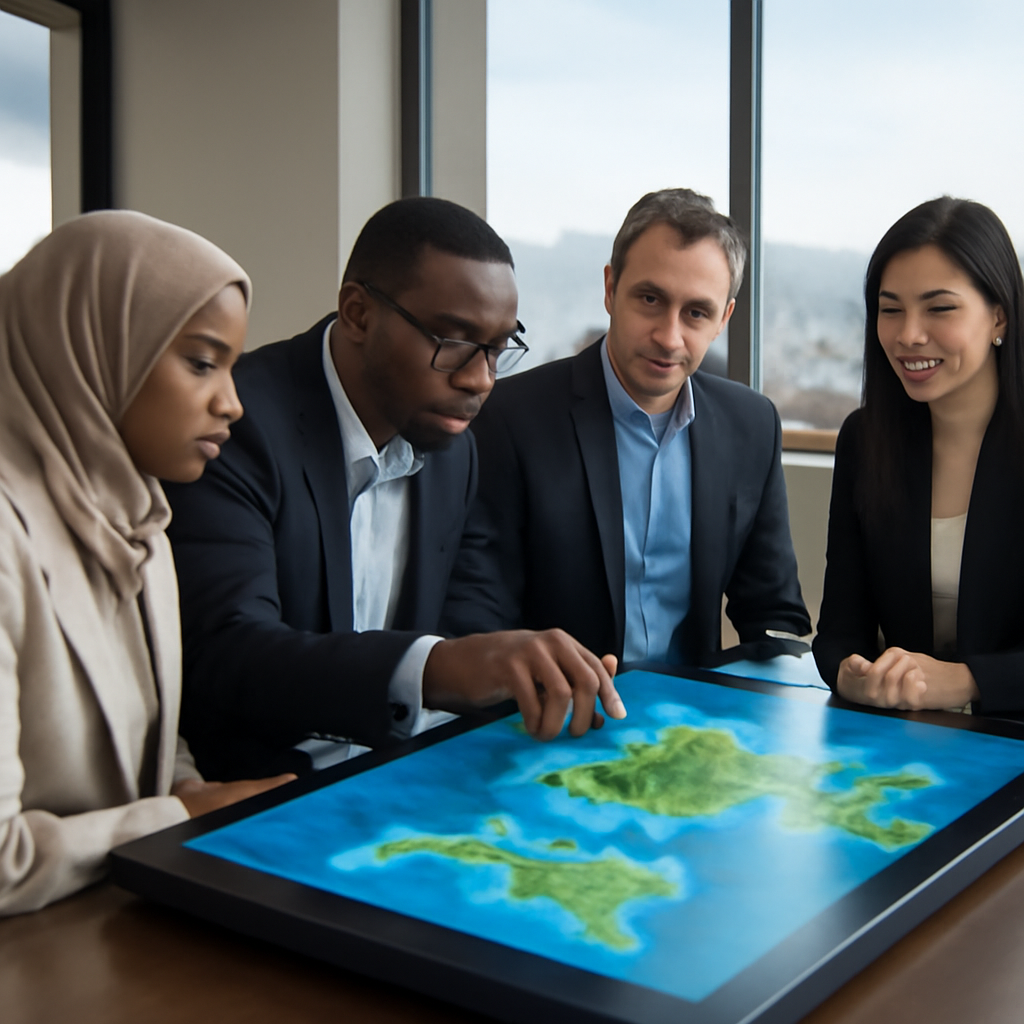 Diverse team gathered around touchscreen display in modern office setting.