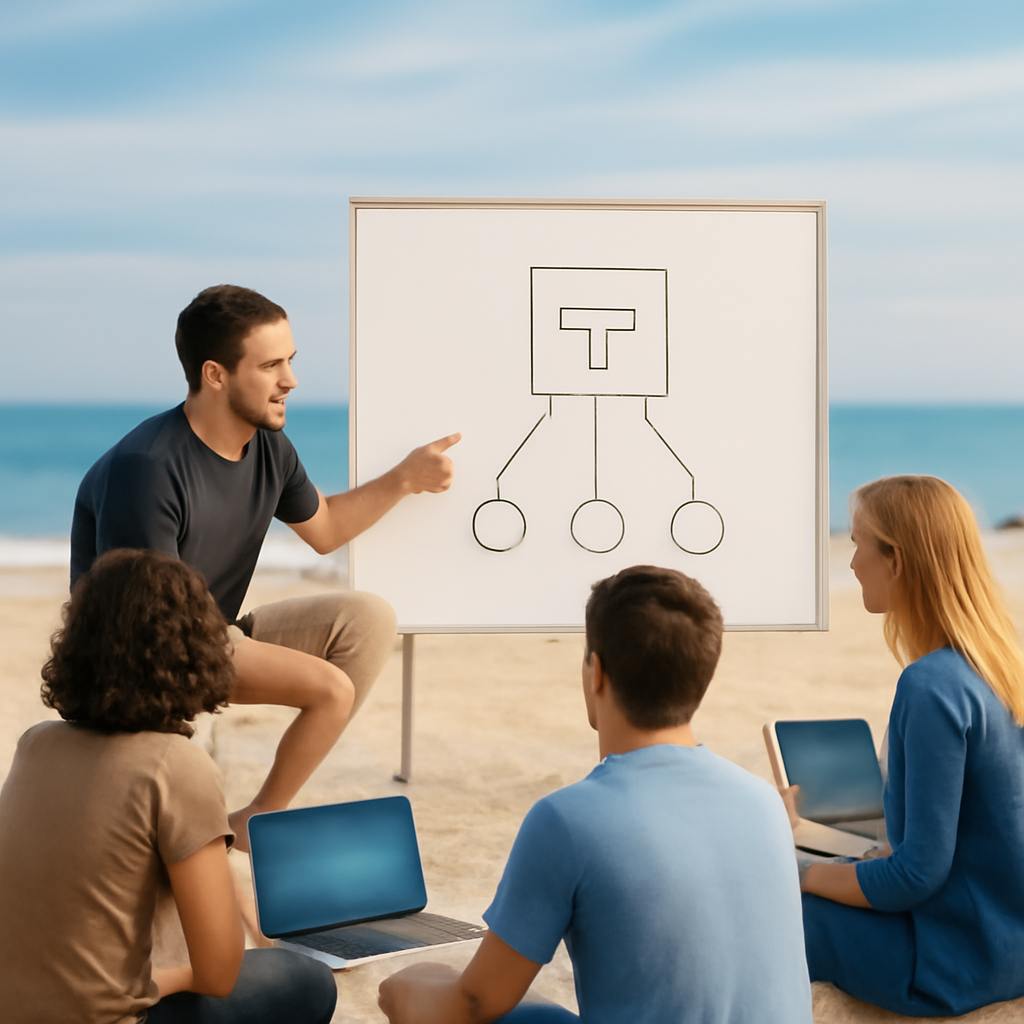 People stand on a beach with a subtle network infrastructure pattern in the background.