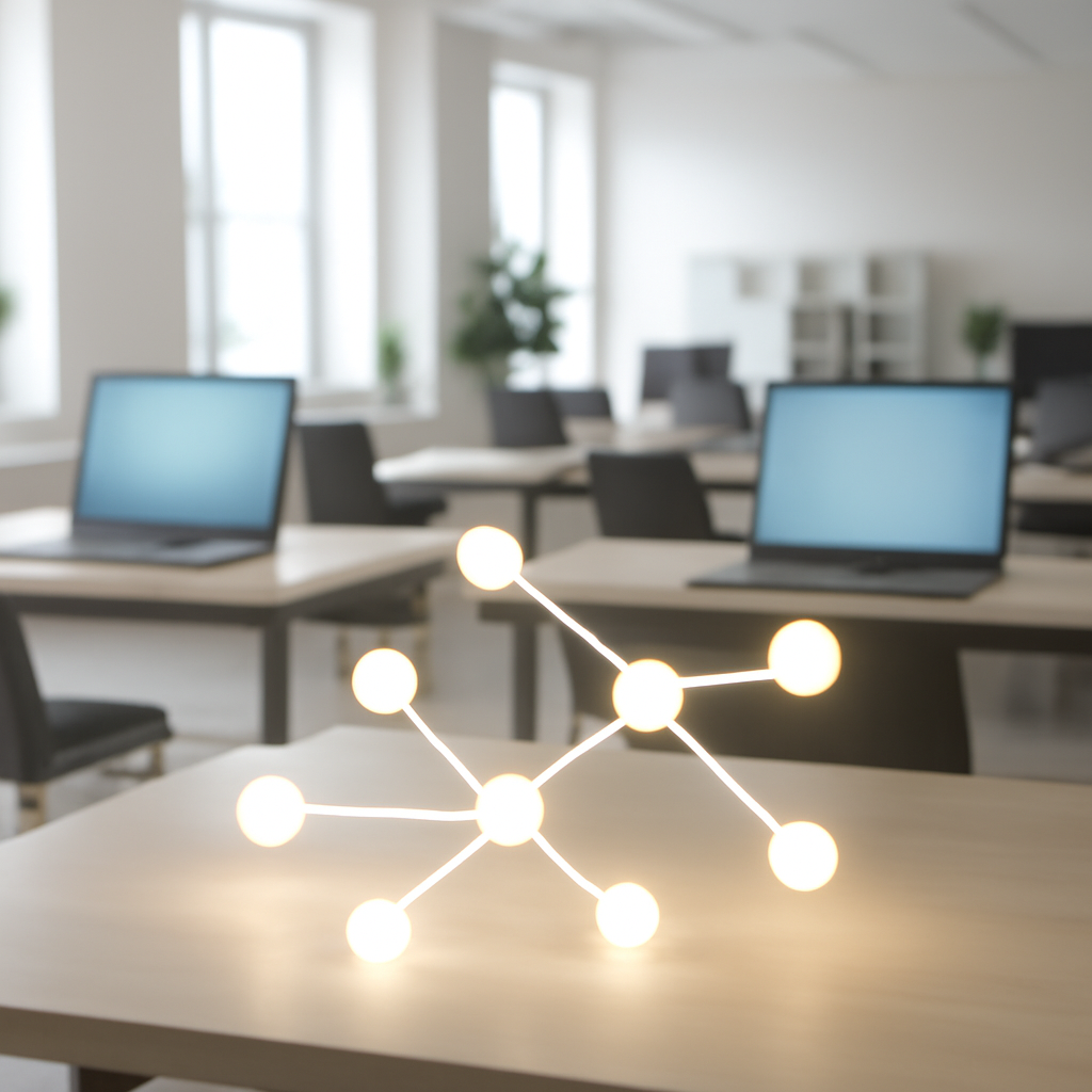 Workstations with laptops line a large, open room, symbolizing controlled access and agent workflows in a software…