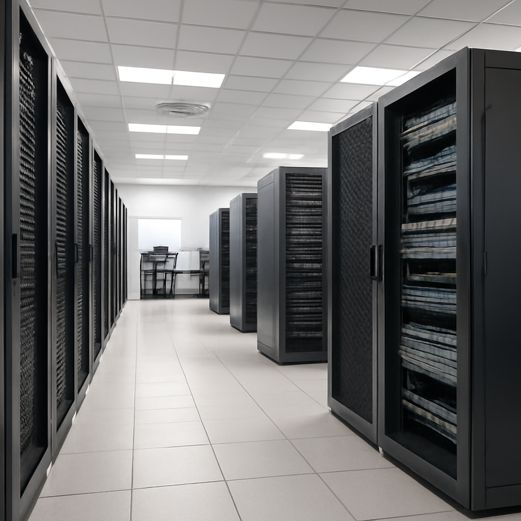 Rows of computer servers and networking equipment in a brightly-lit server room, with one server's panel slightly ajar.