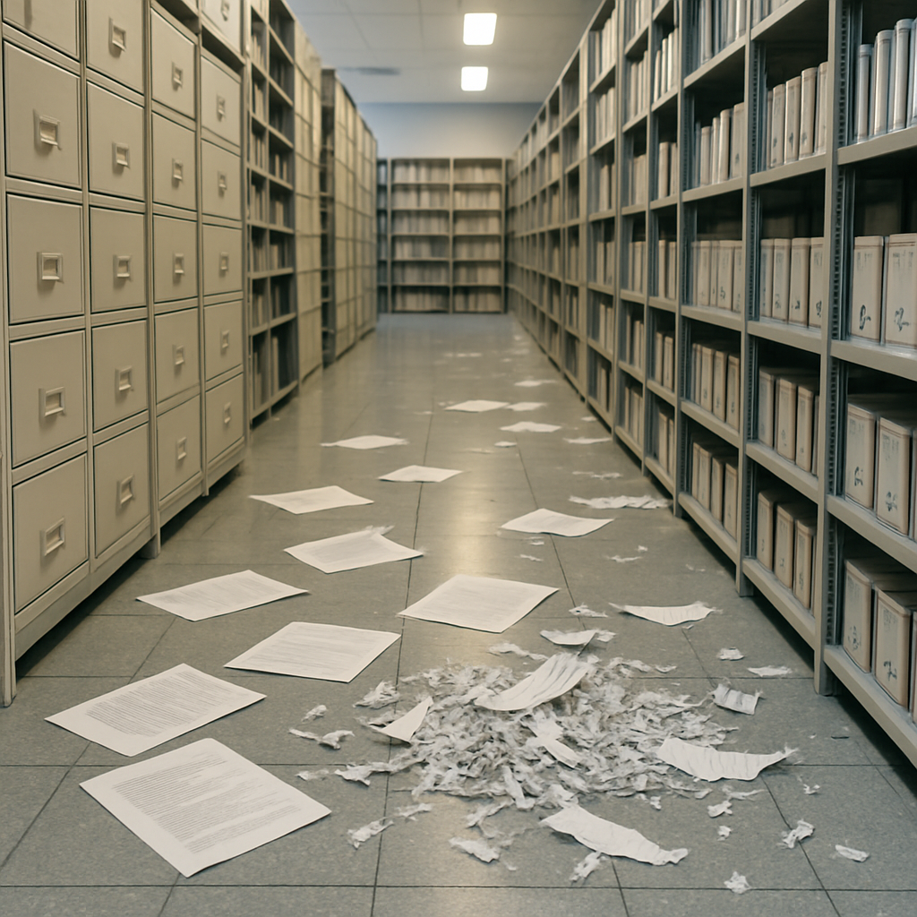 Disorganized file storage room with scattered, torn documents on floor.
