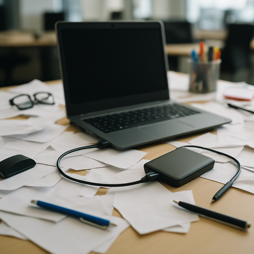 Cluttered office workstation with laptop and external hard drive amidst scattered papers and supplies, conveying disruption…