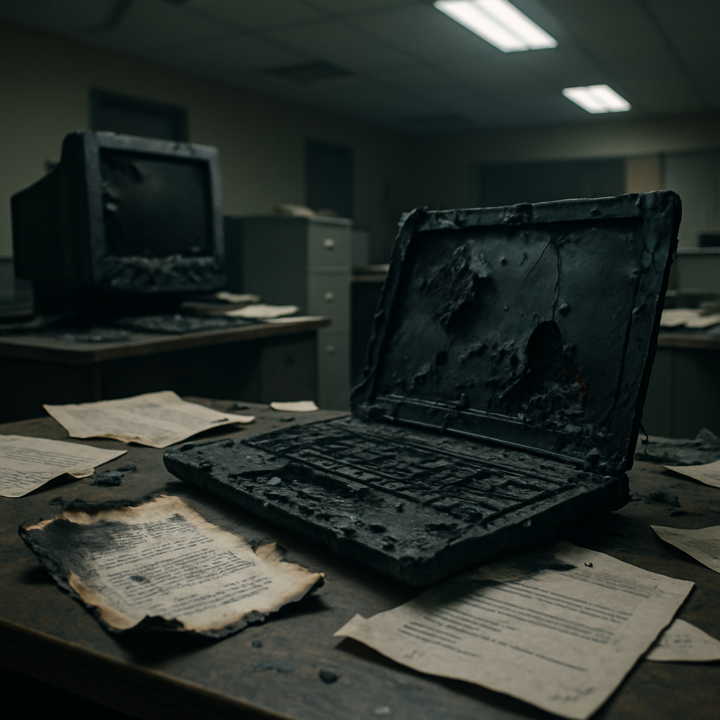 Destroyed office equipment and papers under flickering fluorescent lighting.