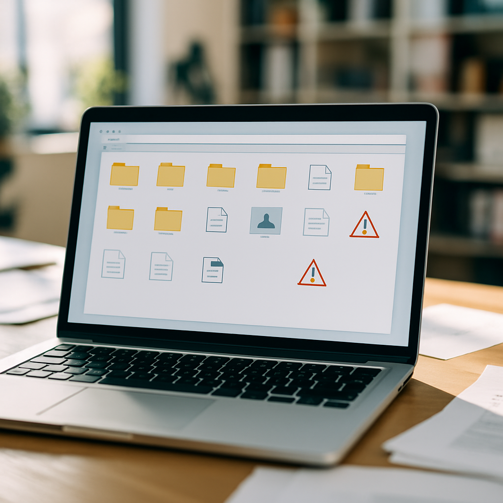 Laptop screen displays file system with error messages in a cluttered office setting.