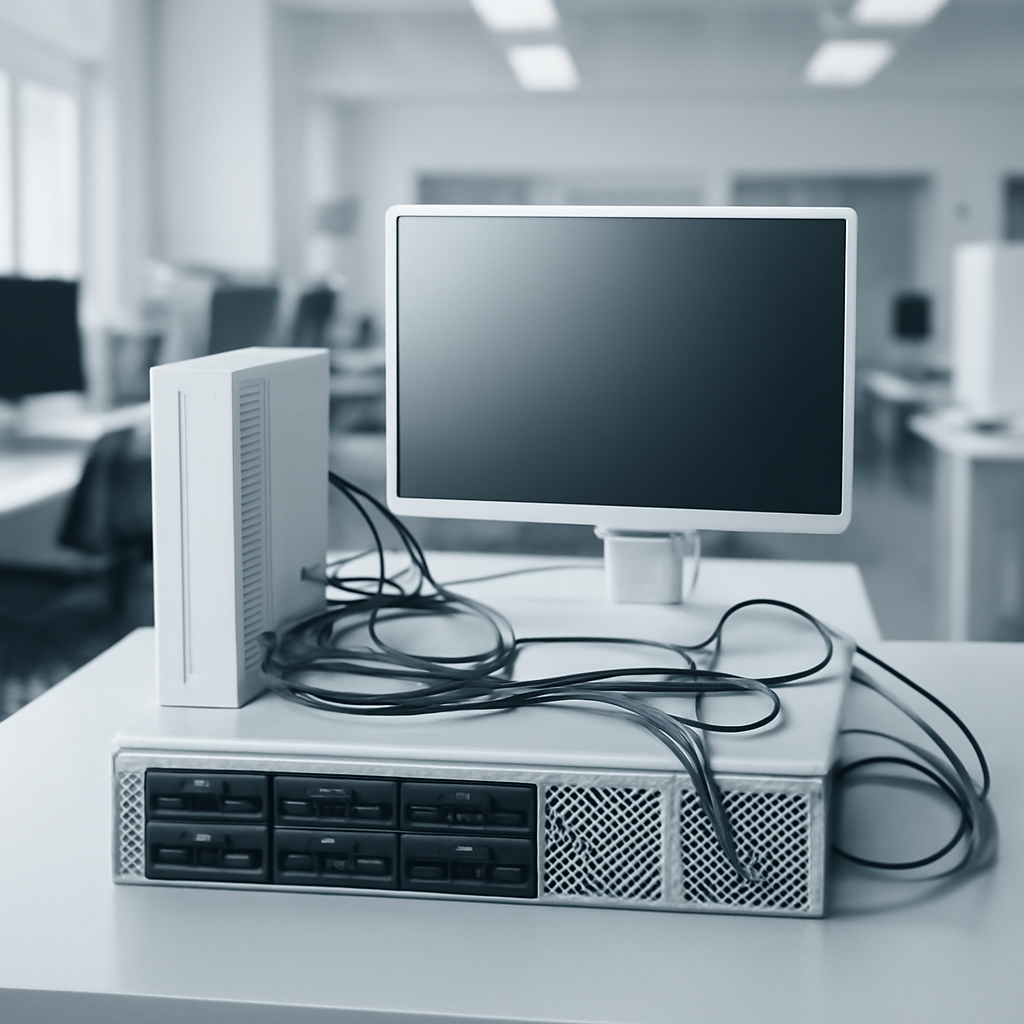 Modern technology lab with sleek computer setup on a workbench.