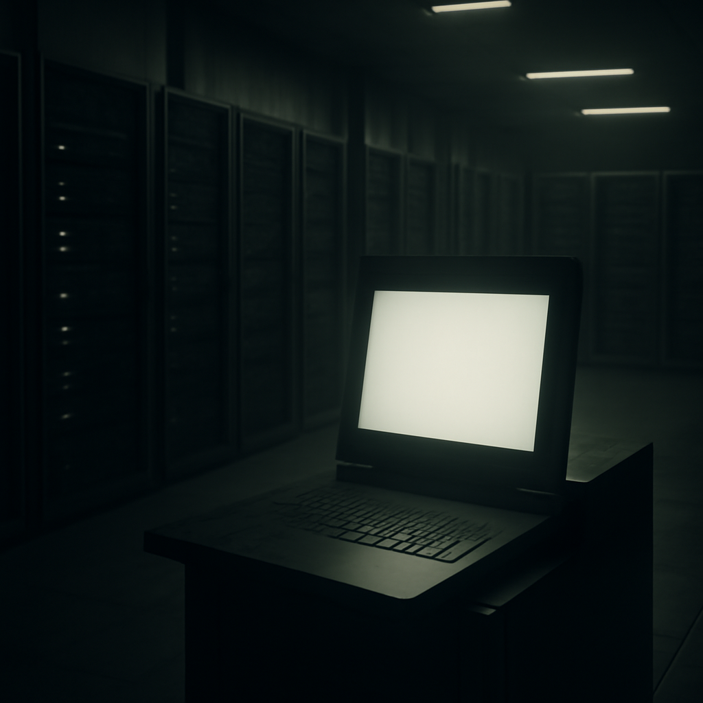Dimly lit server room with a single brightly lit computer terminal in the foreground.