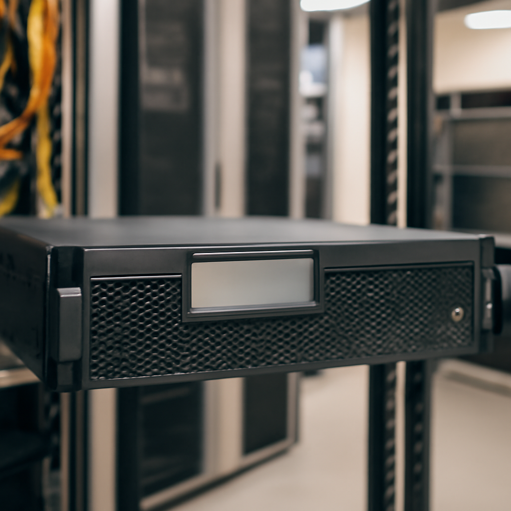 Rack-mounted backup server in a data center with front panel facing forward.