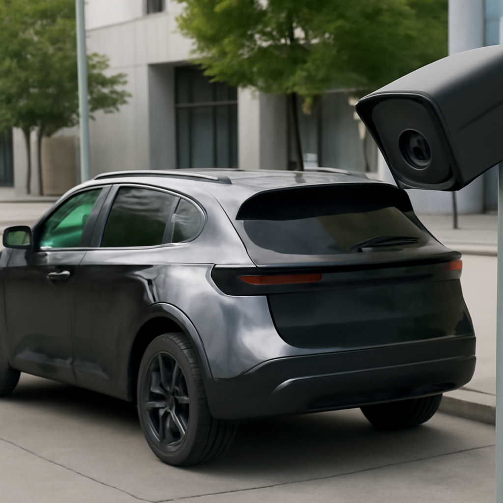 Vehicle with obscured license plate, partially covered in matte material, parked in empty urban setting with Flock camera…
