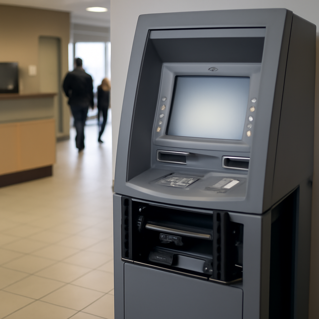 ATM machine with front panel open in a bank lobby.