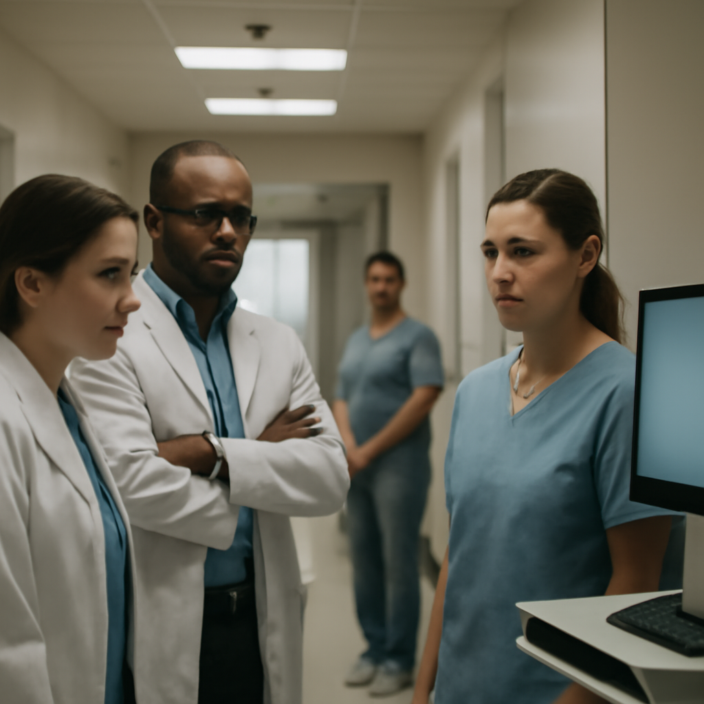 Hospital corridor with concerned medical staff, blurred computer screen in background.