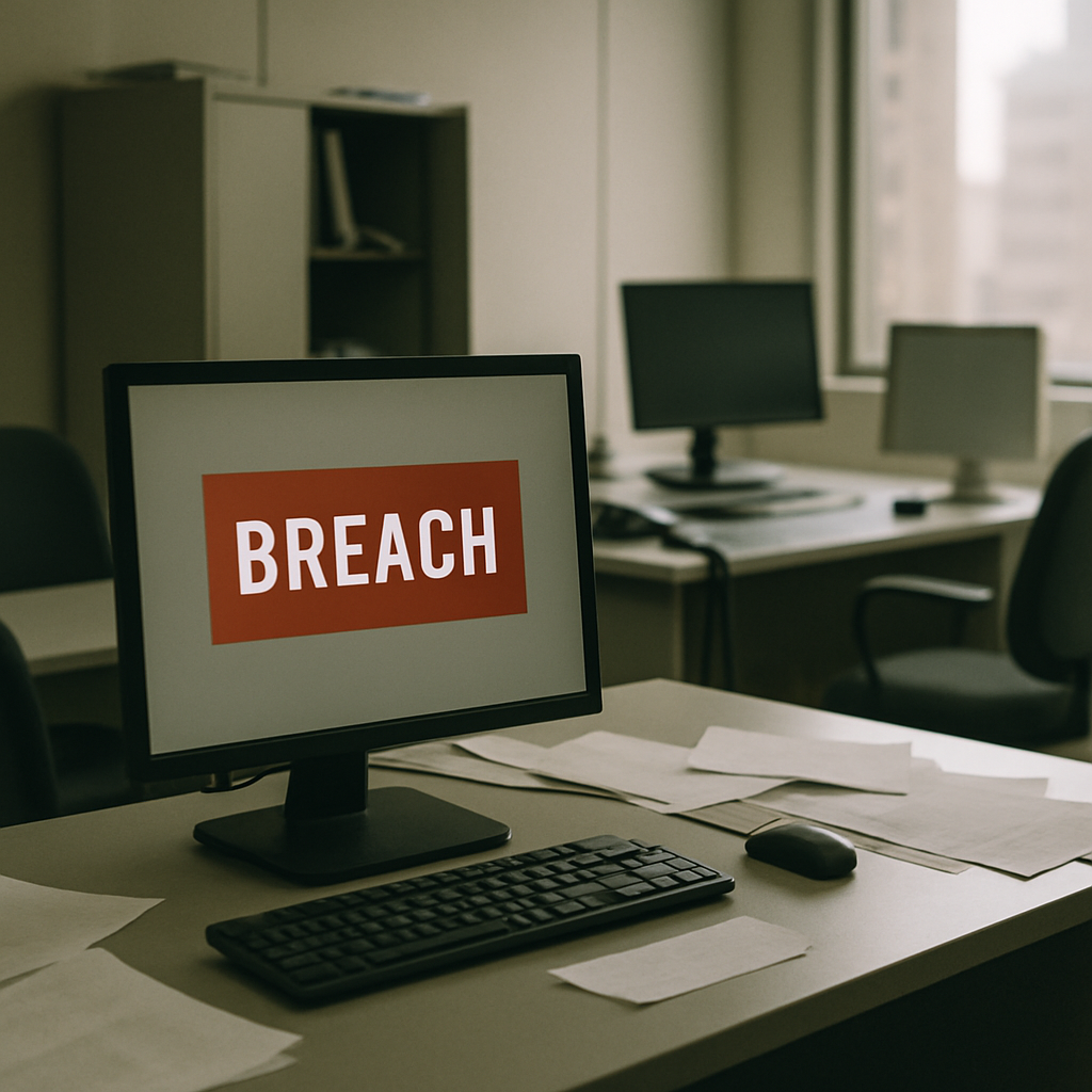 Breach scene in a brightly-lit tech office with a computer workstation in the foreground.
