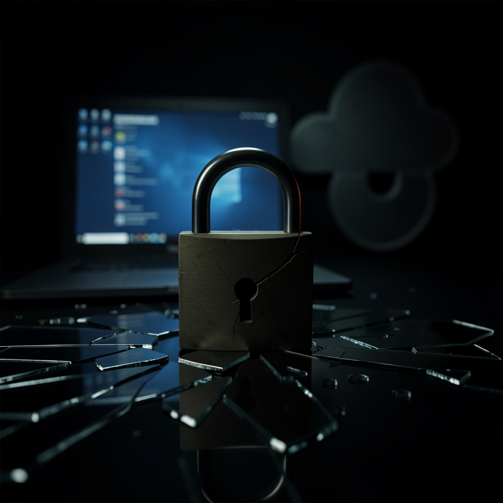 A cracked padlock on shattered glass with a laptop glow casting eerie light on a cloud-shaped object.