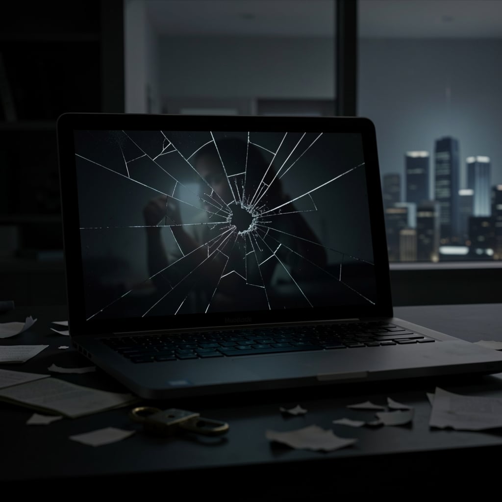Cracked laptop screen with eerie glow, surrounded by scattered papers and a broken lock.