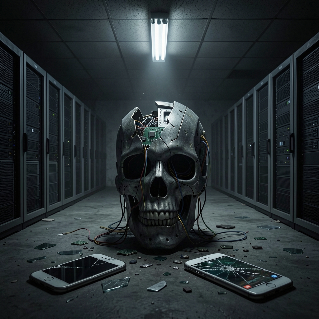 Shattered robot head with exposed circuitry amidst broken smartphone fragments in a dimly lit, abandoned server room.