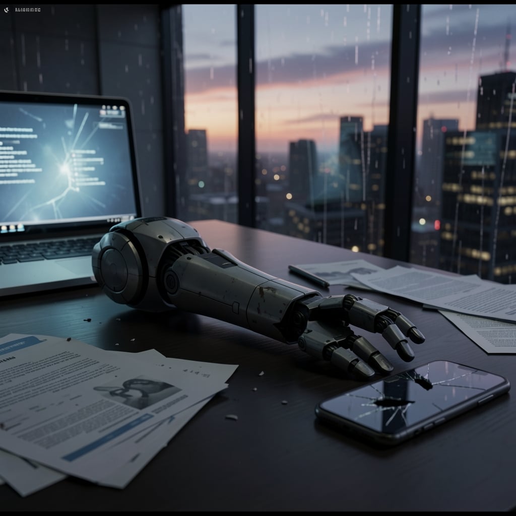 Shattered robotic arm on modern desk with scattered papers and broken devices amidst cityscape at dusk.