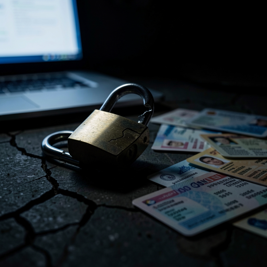 A broken padlock lies on a dark, cracked surface with scattered credentials and a laptop screen glowing in the background.