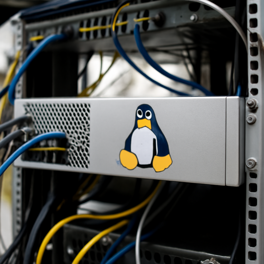 Server equipment sits on a rack in a data center with cables and networking gear surrounding it.