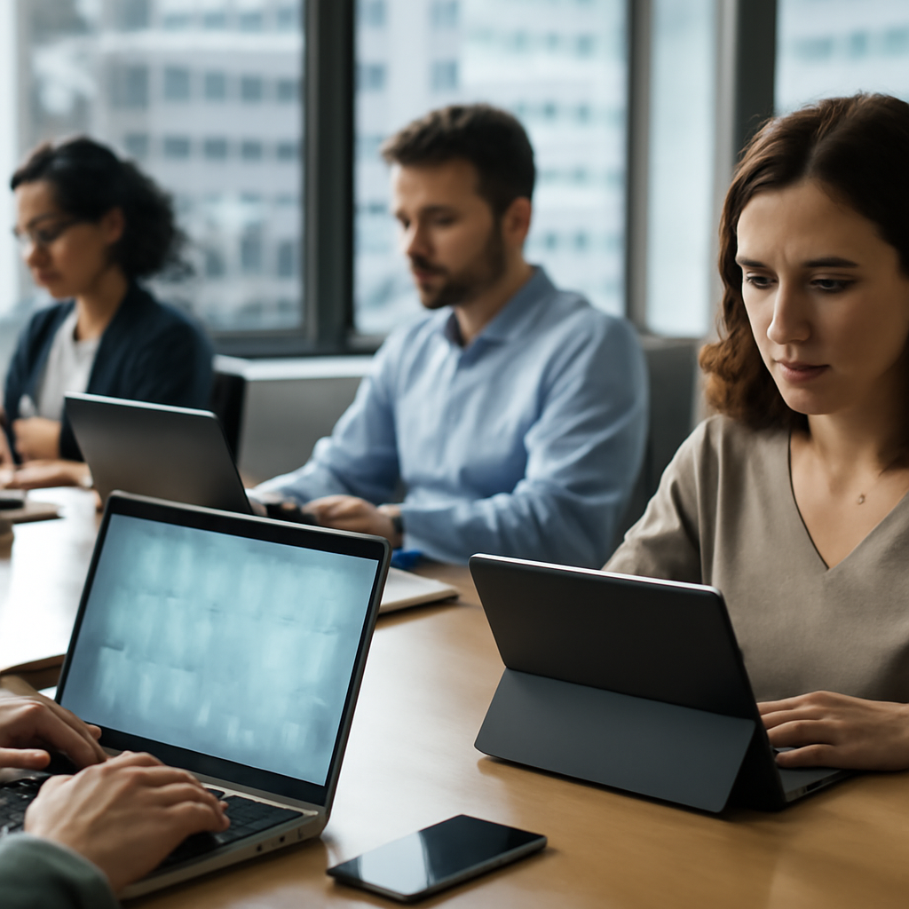 Employees work at desks with laptops and computers, some with blurred screens, in an office with a cityscape visible…