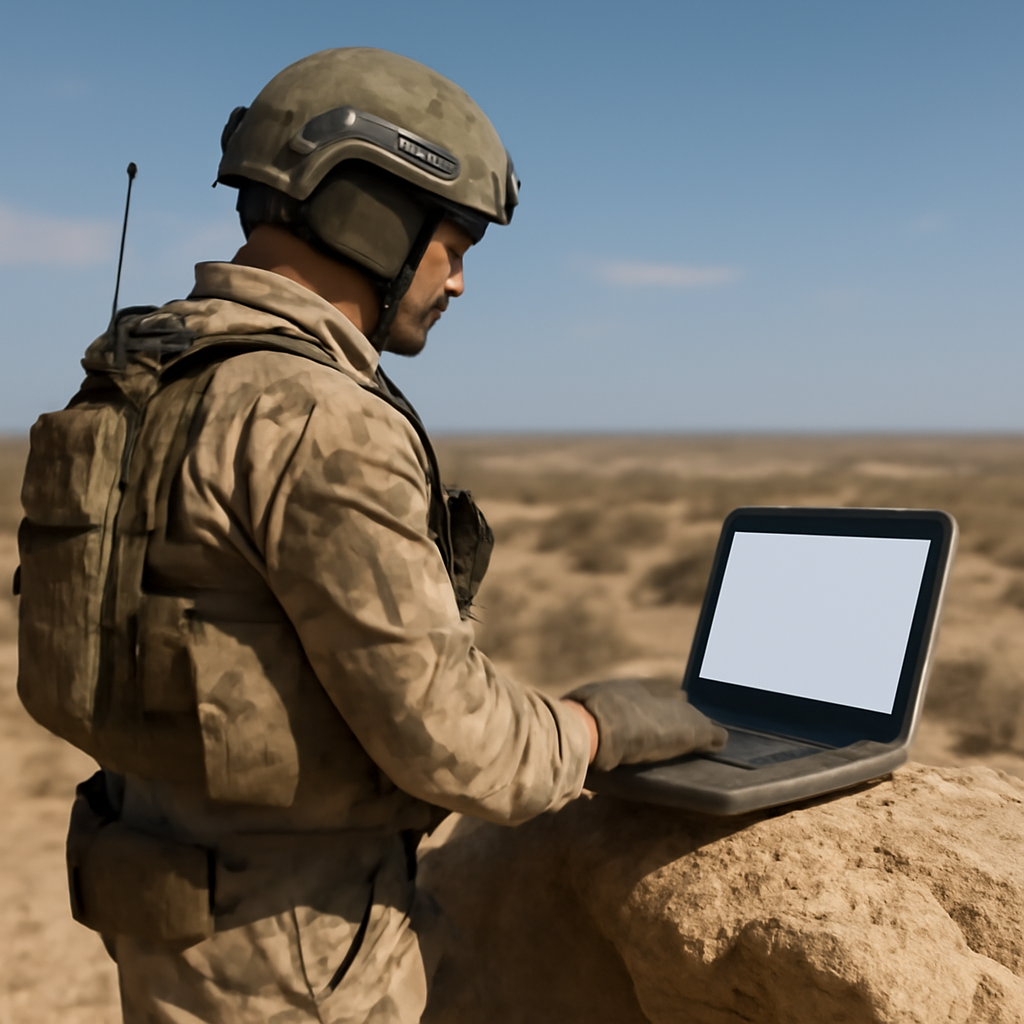 Special ops team member stands beside ruggedized device in desert landscape.
