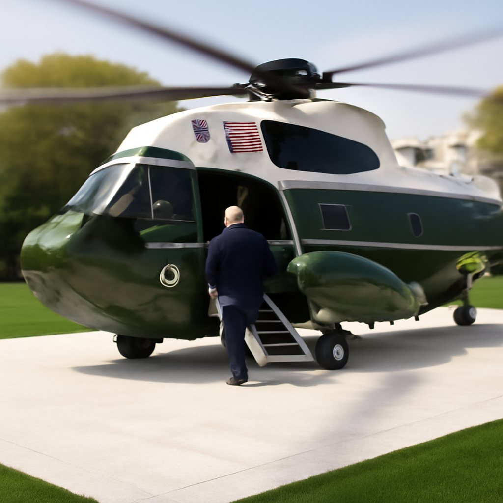 President Trump steps onto VH-92A helicopter on White House helipad.