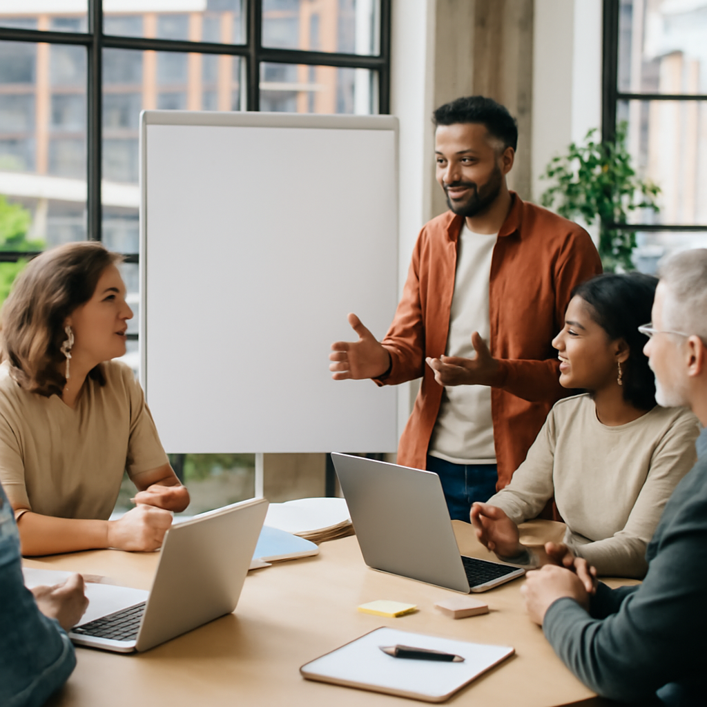 Software development team collaborates around a large table in a modern office space.