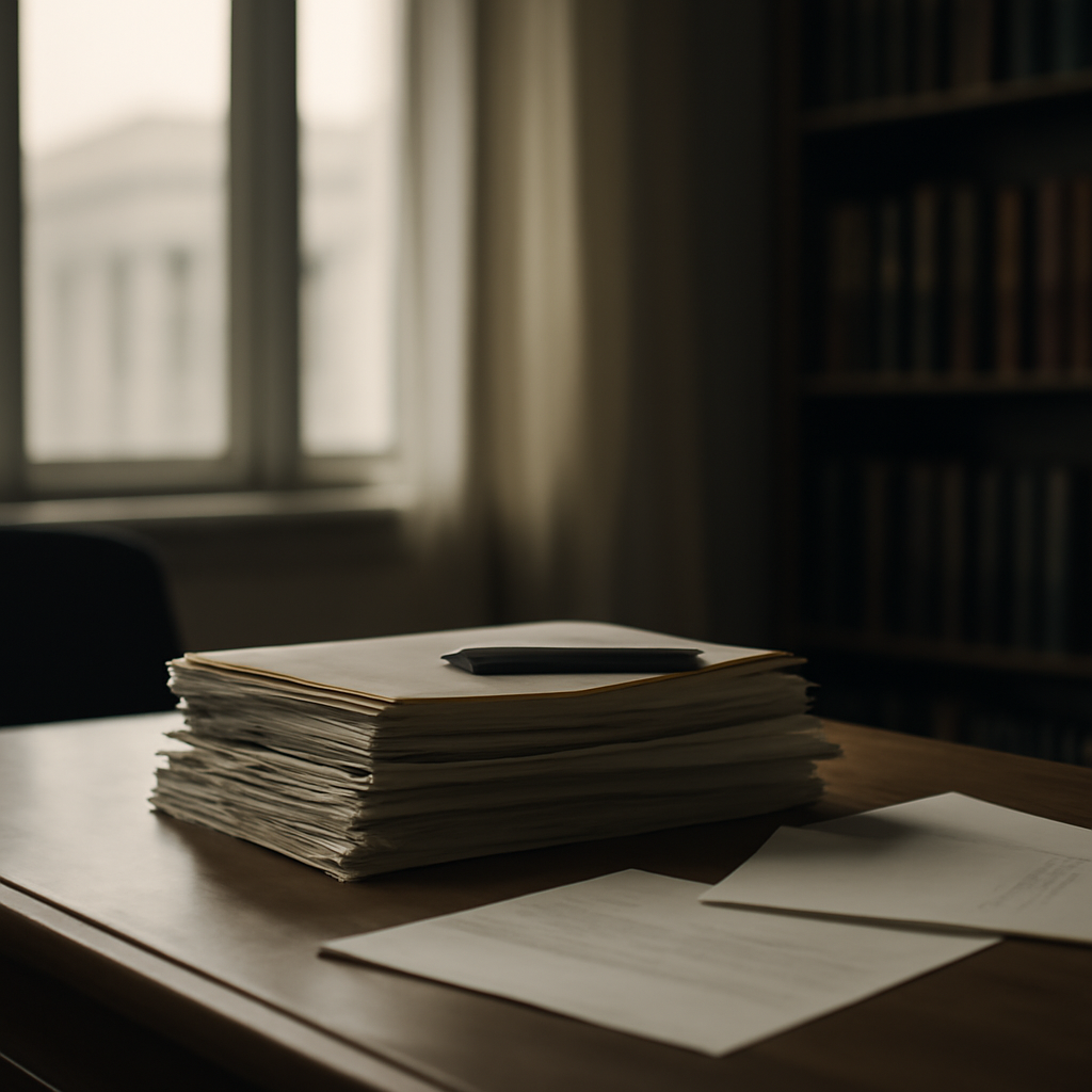 Somber courthouse scene with documents on a wooden desk.