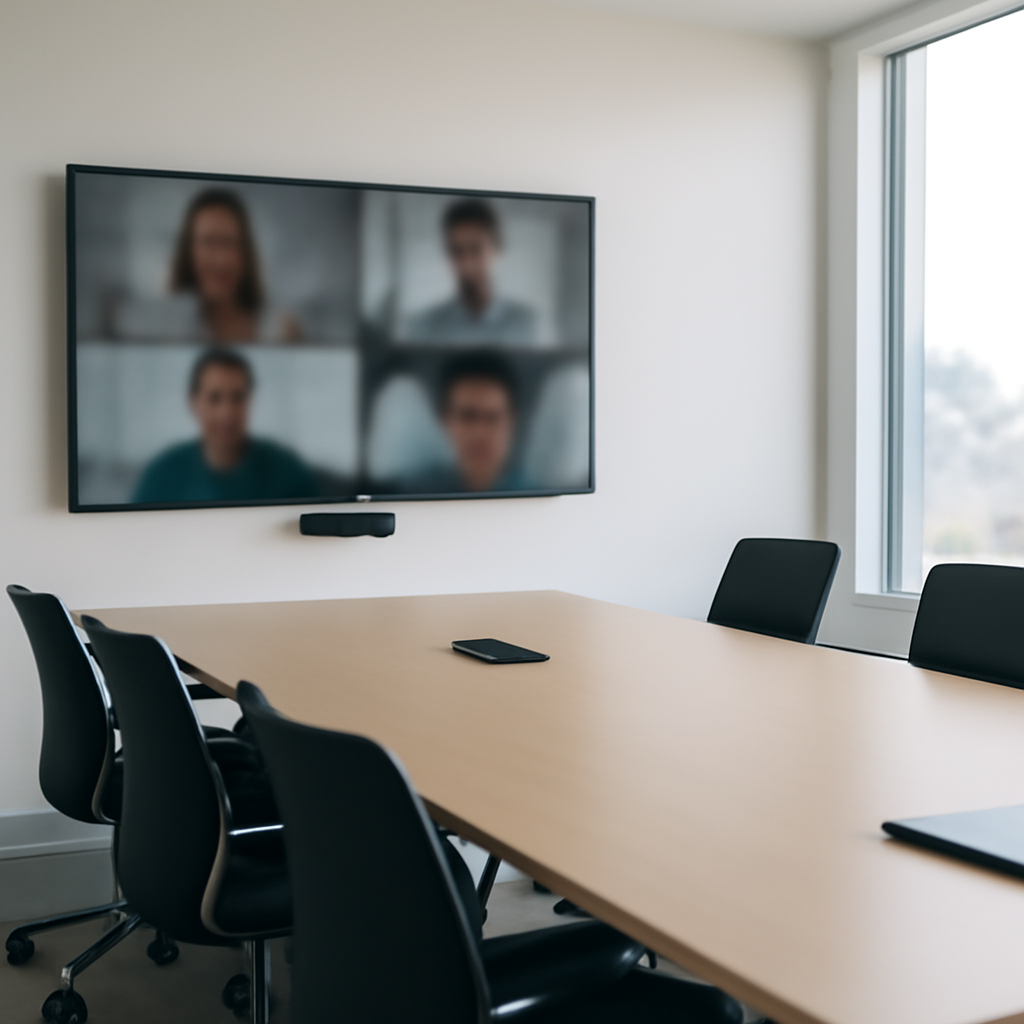 Modern office conference room with videoconferencing screen and blurred cityscape background.