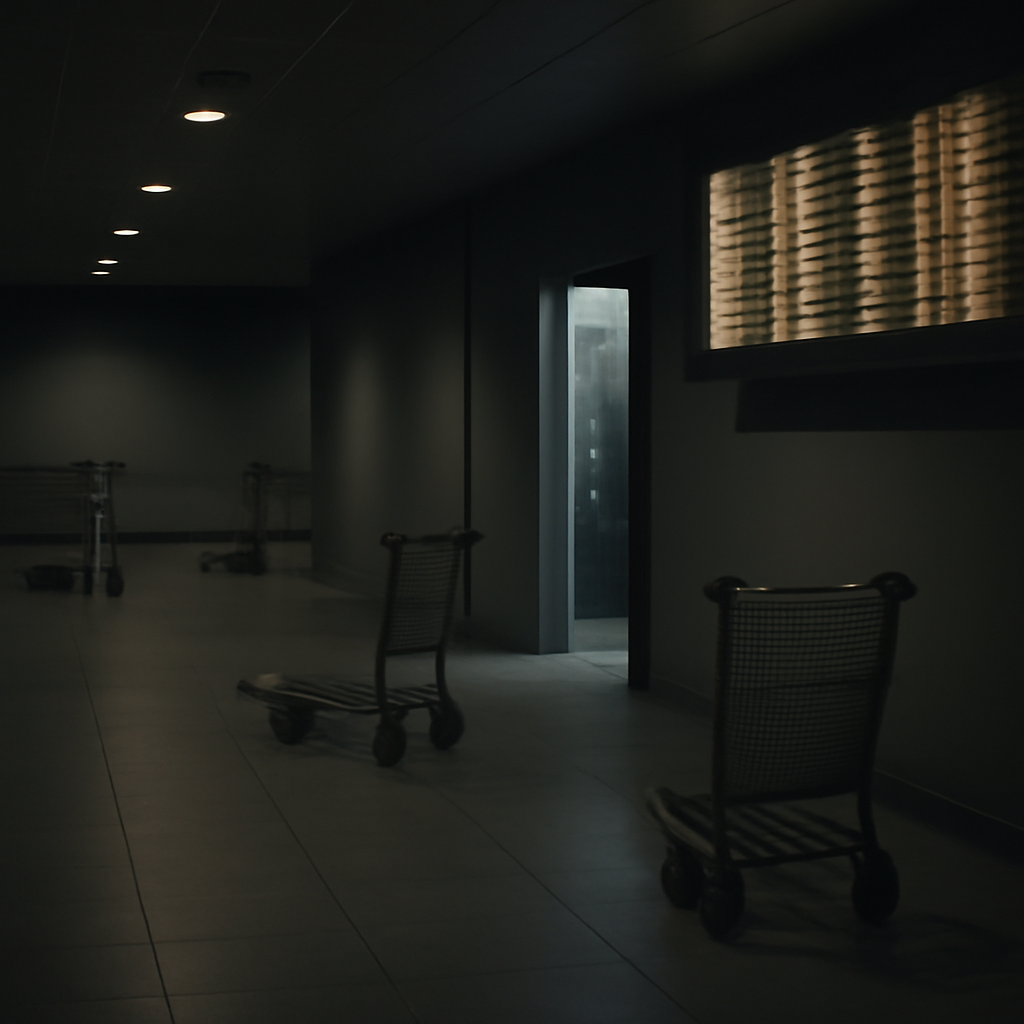 Empty airport terminal corridor with scattered luggage carts and dim ambient lighting.