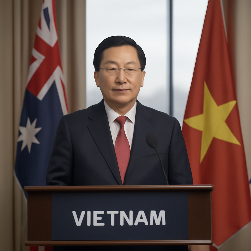 Vietnam's Foreign Minister stands at a podium with national flags behind him in a formal conference room.