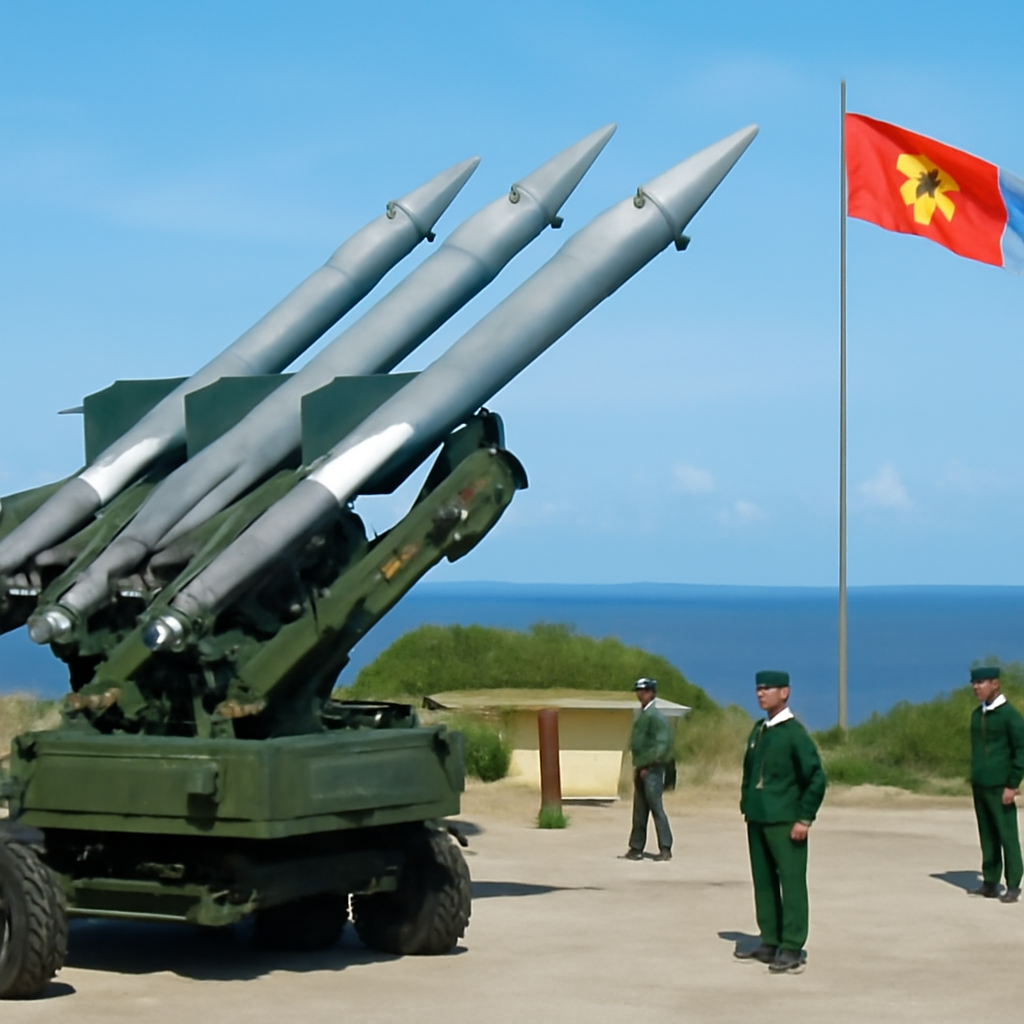 Vietnamese military base with long-range missile launcher in foreground.
